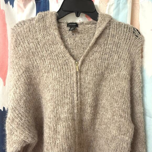 Halogen Tan Fuzzy Wool Blend Zip Front Cropped Sweater Hoodie Size Small - Picture 4 of 14